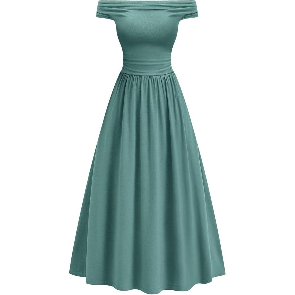 imageBTFBM Womens Casual Dresses Spring 2026 Sleeveless Off The Shoulder Dress Slim Swing Pleated Beach Maxi Sundress PocketSage Green