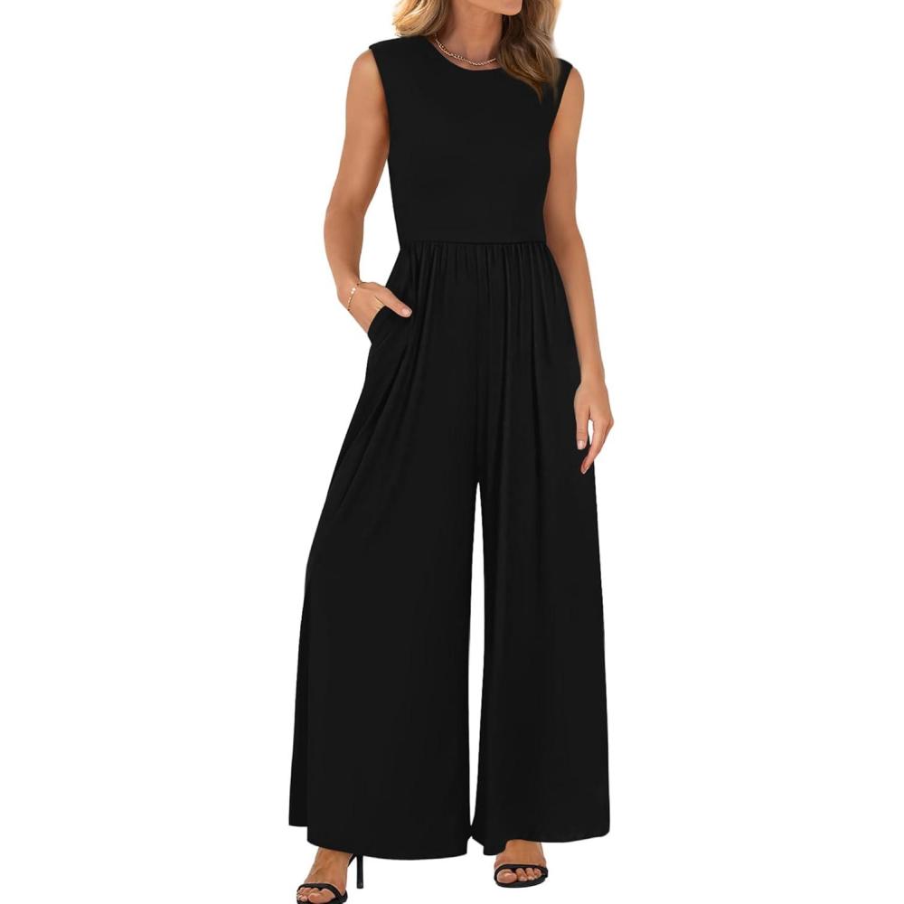 imageBTFBM Womens Casual Jumpsuits Dressy 2026 Spring One Piece Outfits Crew Neck Sleeveless Knit Wide Leg Pants Romper BeachBlack