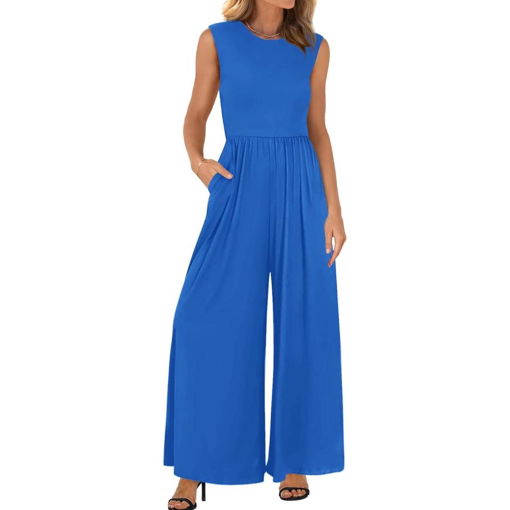 imageBTFBM Womens Casual Jumpsuits Dressy 2026 Spring One Piece Outfits Crew Neck Sleeveless Knit Wide Leg Pants Romper BeachBlue