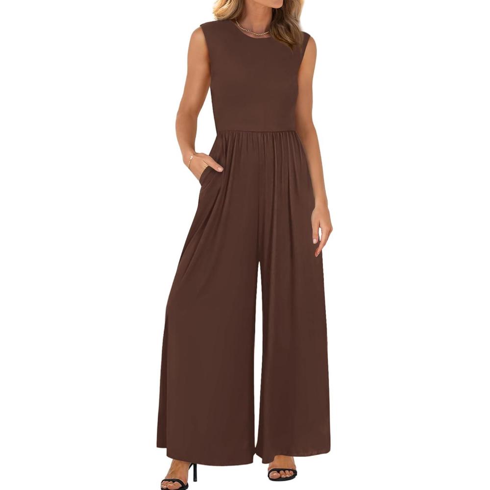imageBTFBM Womens Casual Jumpsuits Dressy 2026 Spring One Piece Outfits Crew Neck Sleeveless Knit Wide Leg Pants Romper BeachCoffee