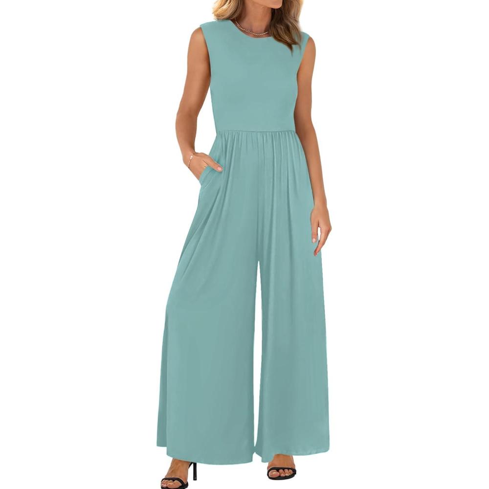 imageBTFBM Womens Casual Jumpsuits Dressy 2026 Spring One Piece Outfits Crew Neck Sleeveless Knit Wide Leg Pants Romper BeachFruit Green