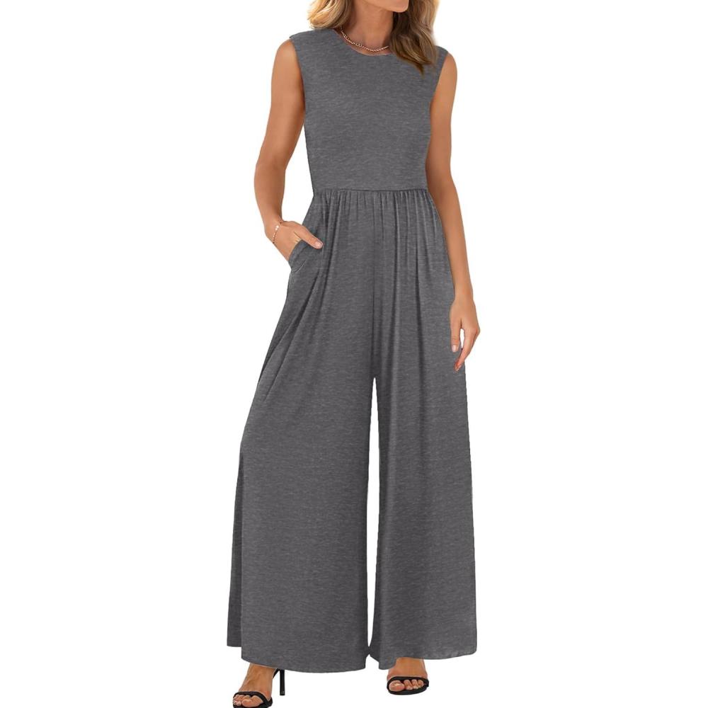 imageBTFBM Womens Casual Jumpsuits Dressy 2026 Spring One Piece Outfits Crew Neck Sleeveless Knit Wide Leg Pants Romper BeachMid Grey