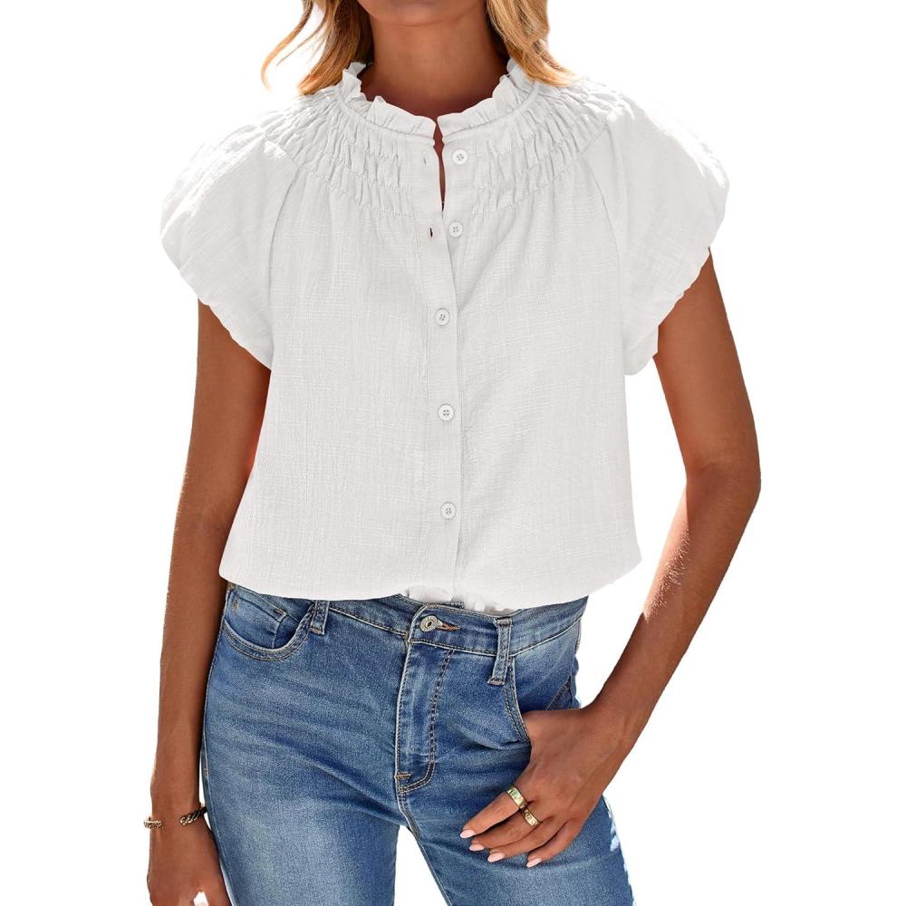 imageBTFBM Womens Casual Tops Dressy Summer Outfits 2025 Puff Short Sleeve Blouse Ruffle Neck Business Work Button Down ShirtWhite