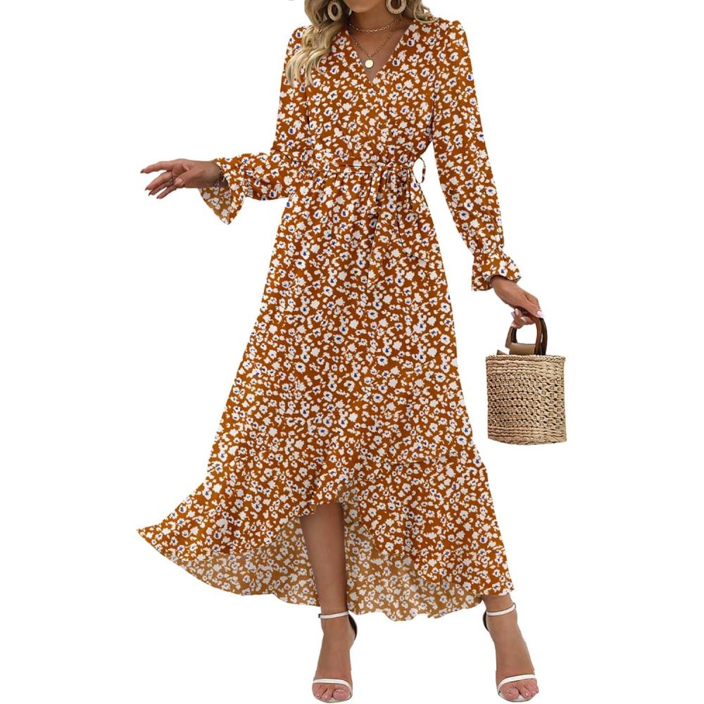 imageBTFBM Womens Dresses Spring Clothes 2026 V Neck Floral High Waist Ruffle Wedding Guest Cocktail Boho Long Sleeve DressBig Floral Yellow