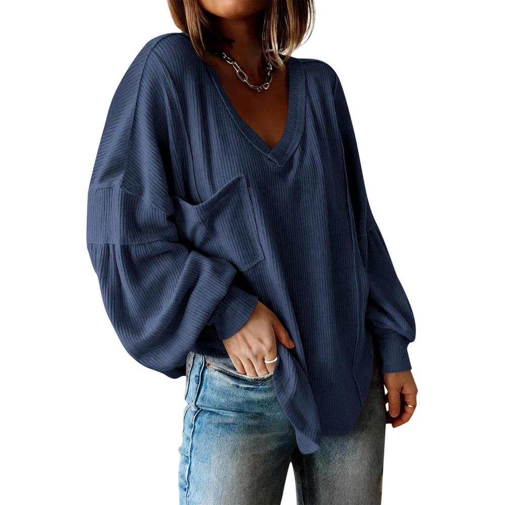 imageBTFBM Womens Fall Fashion 2025 Long Sleeve Shirts Casual V Neck Ribbed Knit Blouses Pullover Trendy Loose Fit Tunic TopsSolid Blue