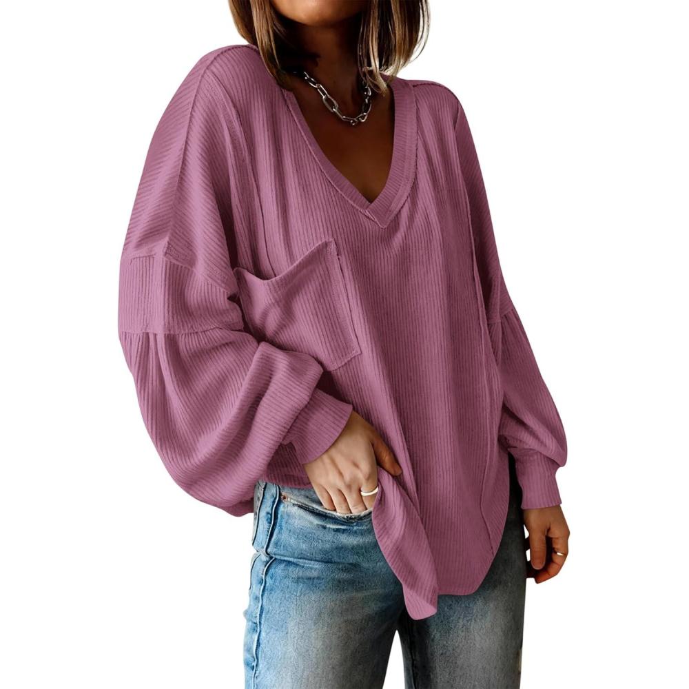 imageBTFBM Womens Fall Fashion 2025 Long Sleeve Shirts Casual V Neck Ribbed Knit Blouses Pullover Trendy Loose Fit Tunic TopsSolid Dusty Pink