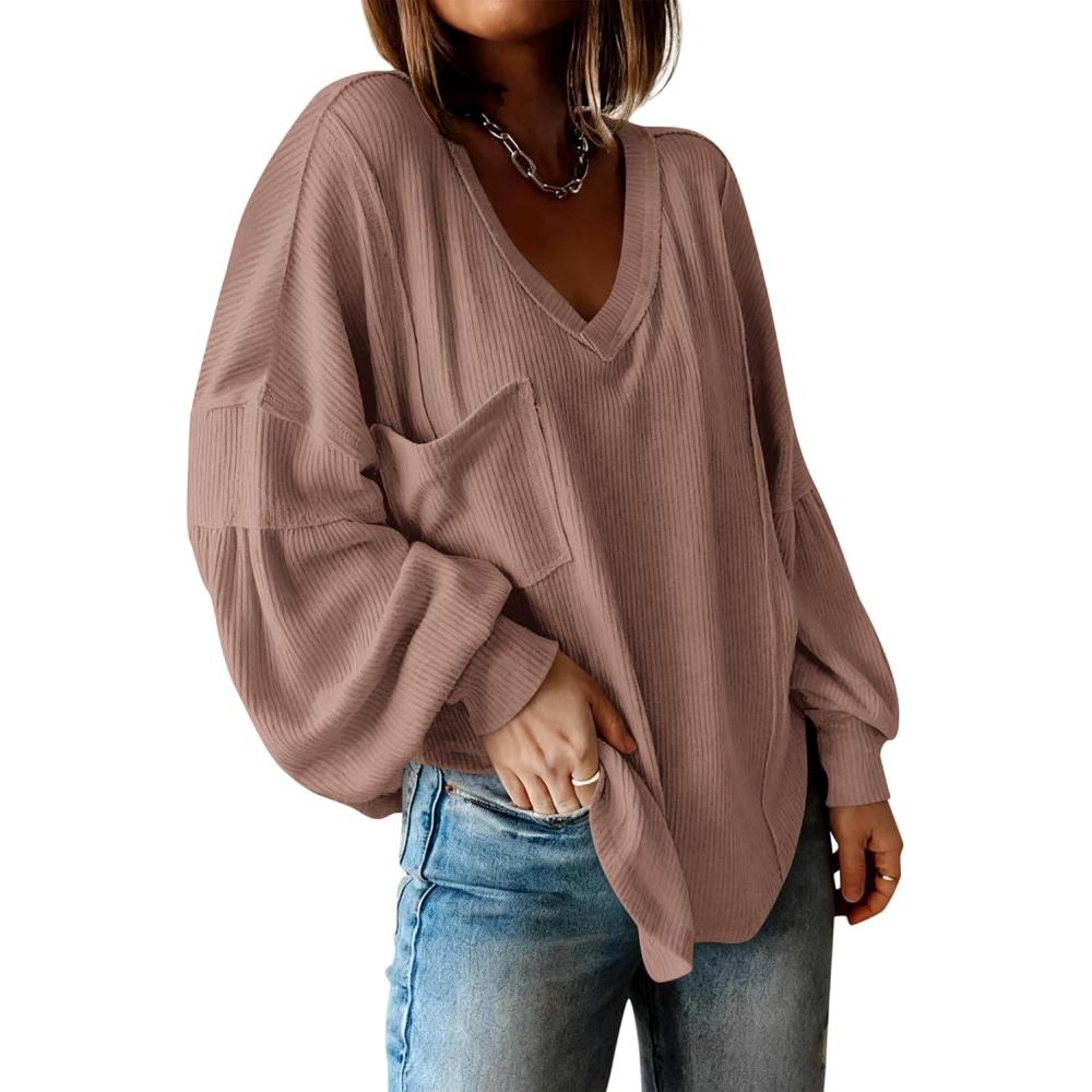 imageBTFBM Womens Fall Fashion 2025 Long Sleeve Shirts Casual V Neck Ribbed Knit Blouses Pullover Trendy Loose Fit Tunic TopsSolid Khaki