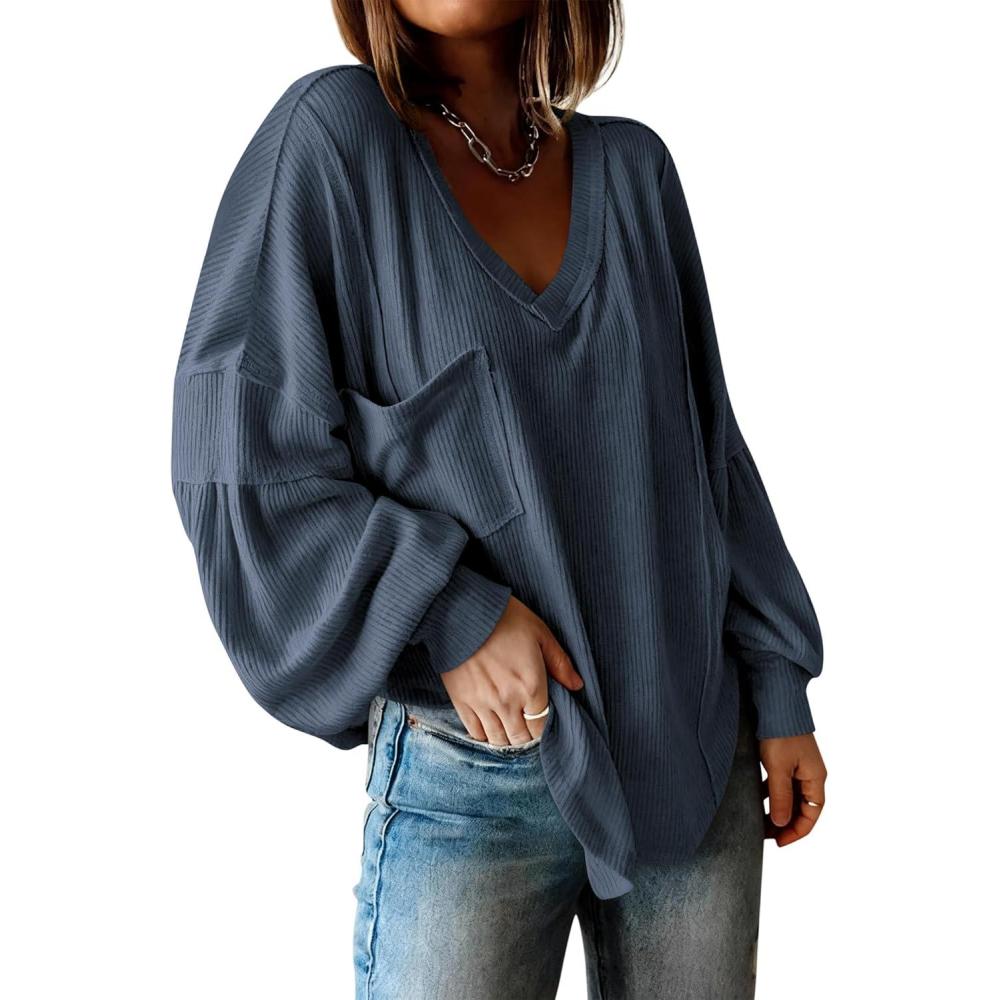 imageBTFBM Womens Fall Fashion 2025 Long Sleeve Shirts Casual V Neck Ribbed Knit Blouses Pullover Trendy Loose Fit Tunic TopsSolid Light Grey Blue