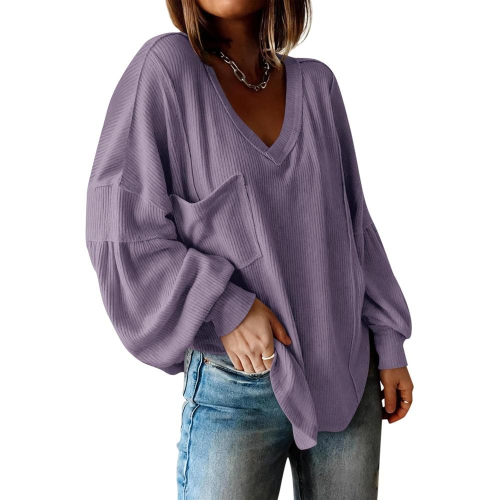 imageBTFBM Womens Fall Fashion 2025 Long Sleeve Shirts Casual V Neck Ribbed Knit Blouses Pullover Trendy Loose Fit Tunic TopsSolid Taro Purple