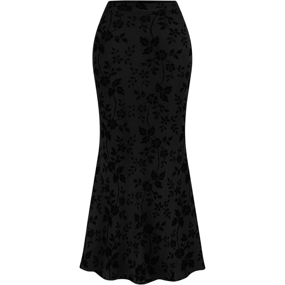 imageBTFBM Womens Floral Mesh Maxi Skirt 2026 Spring Summer Elastic High Waisted Boho Elegant Mermaid Long Skirts for WomenBlack