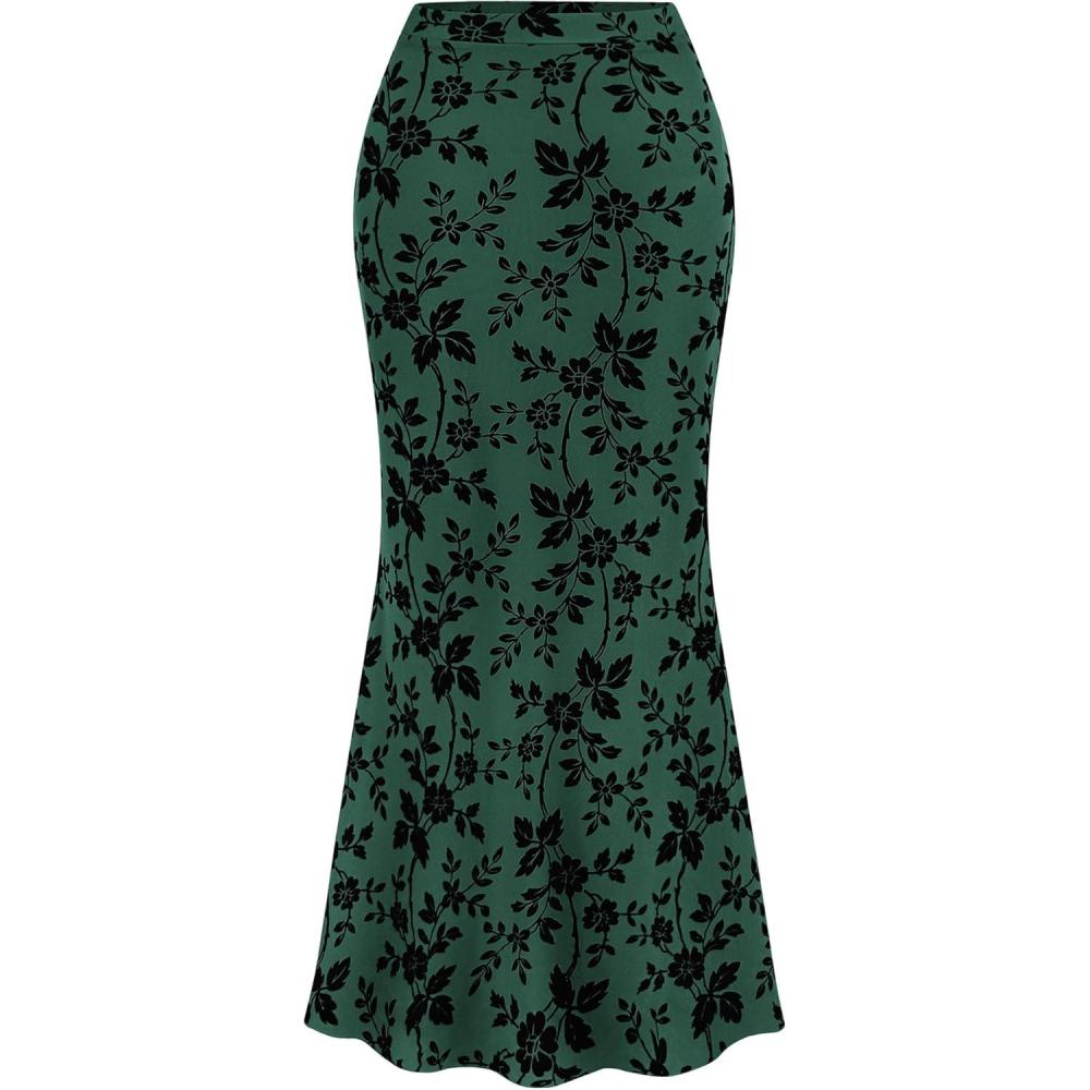 imageBTFBM Womens Floral Mesh Maxi Skirt 2026 Spring Summer Elastic High Waisted Boho Elegant Mermaid Long Skirts for WomenDark Green