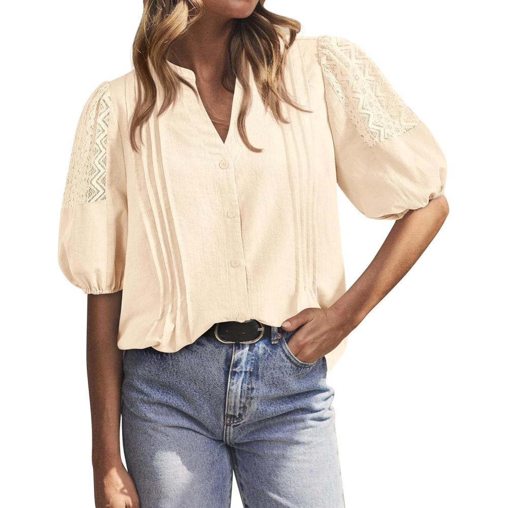 imageBTFBM Womens Lace Puff Sleeve Tops 2025 Summer V Neck Casual Button Down Shirts Loose Dressy Work Business Blouse TopBeige
