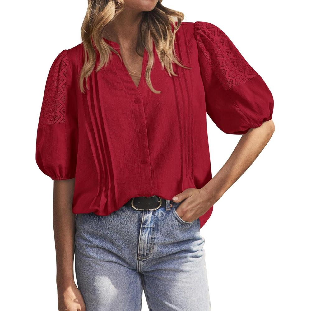 imageBTFBM Womens Lace Puff Sleeve Tops 2025 Summer V Neck Casual Button Down Shirts Loose Dressy Work Business Blouse TopRed
