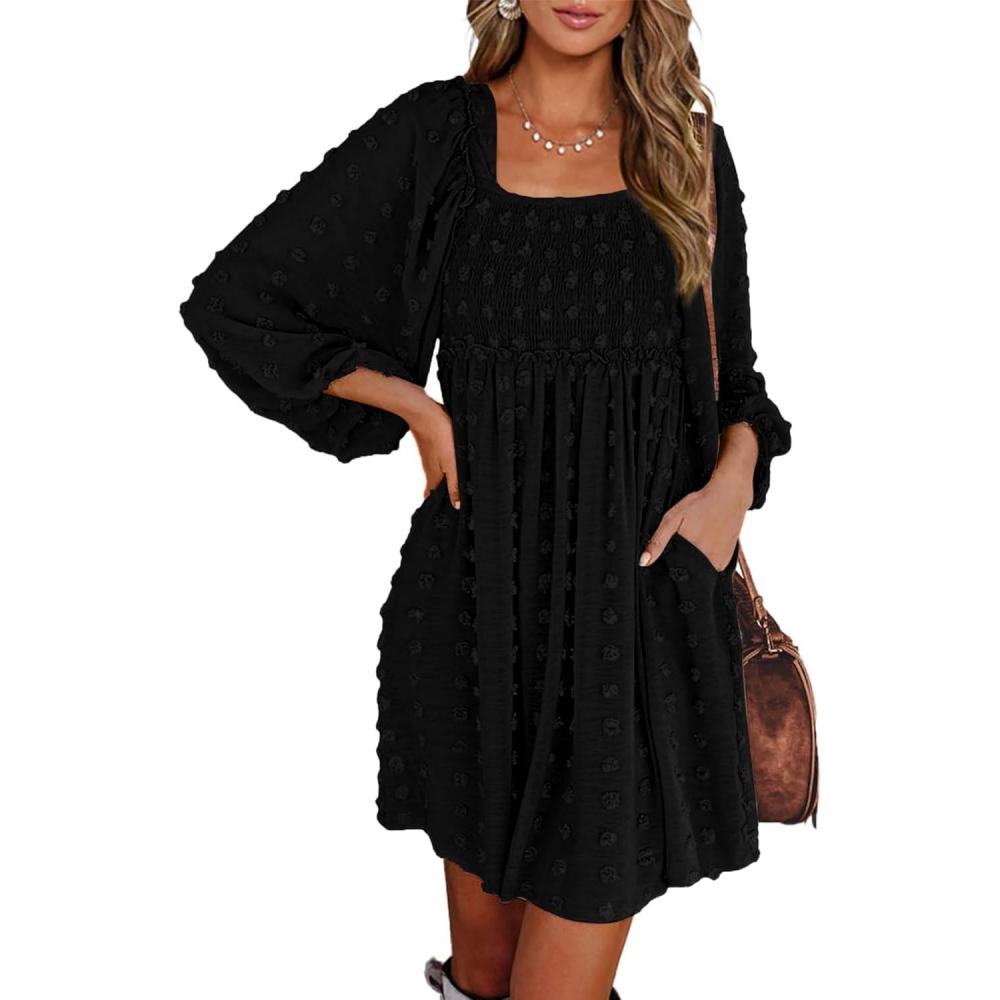 imageBTFBM Womens Long Sleeve Dress Vacation Square Neck Smocked Floral Swiss Dot Mini Boho Spring Wedding Guest Dresses 2026Black