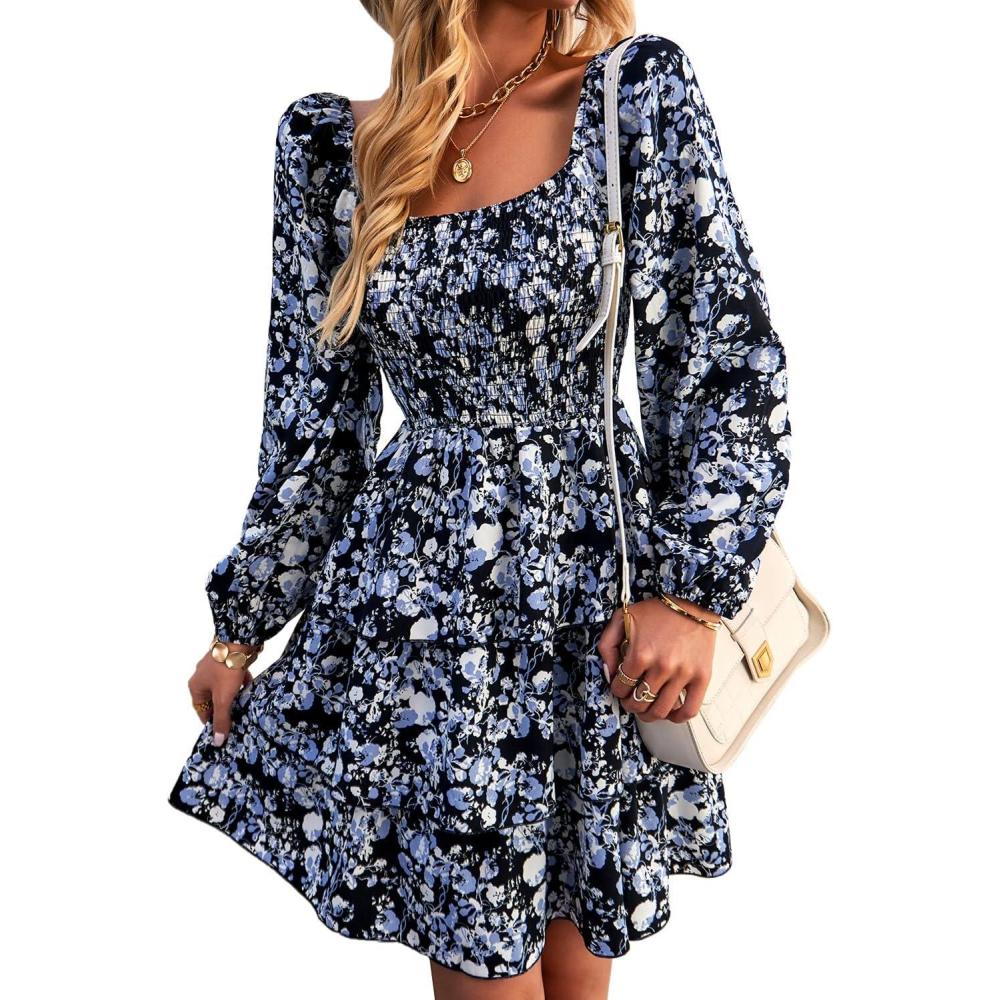imageBTFBM Womens Long Sleeve Dress Vacation Square Neck Smocked Floral Swiss Dot Mini Boho Spring Wedding Guest Dresses 2026Floral Black White
