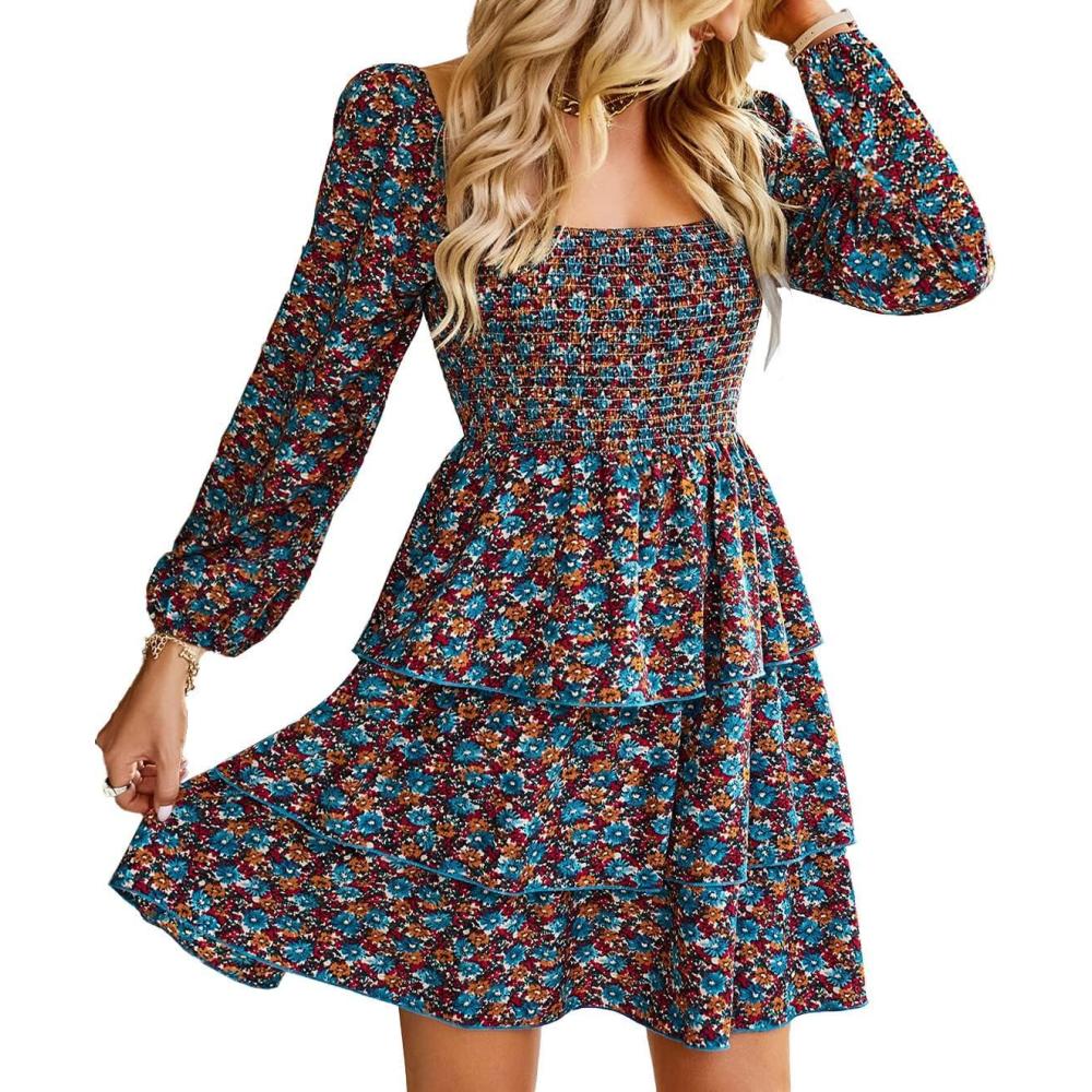 imageBTFBM Womens Long Sleeve Dress Vacation Square Neck Smocked Floral Swiss Dot Mini Boho Spring Wedding Guest Dresses 2026Floral Blue Orange