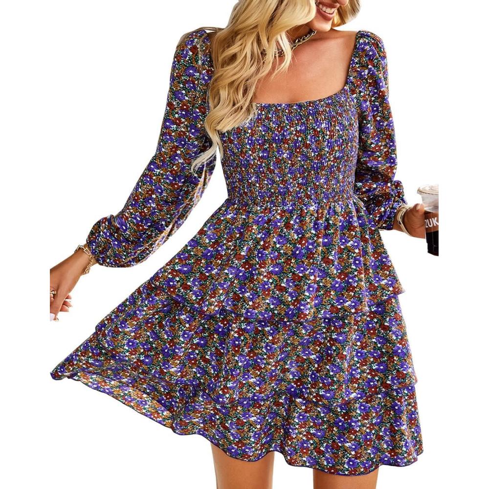 imageBTFBM Womens Long Sleeve Dress Vacation Square Neck Smocked Floral Swiss Dot Mini Boho Spring Wedding Guest Dresses 2026Floral Purple Red