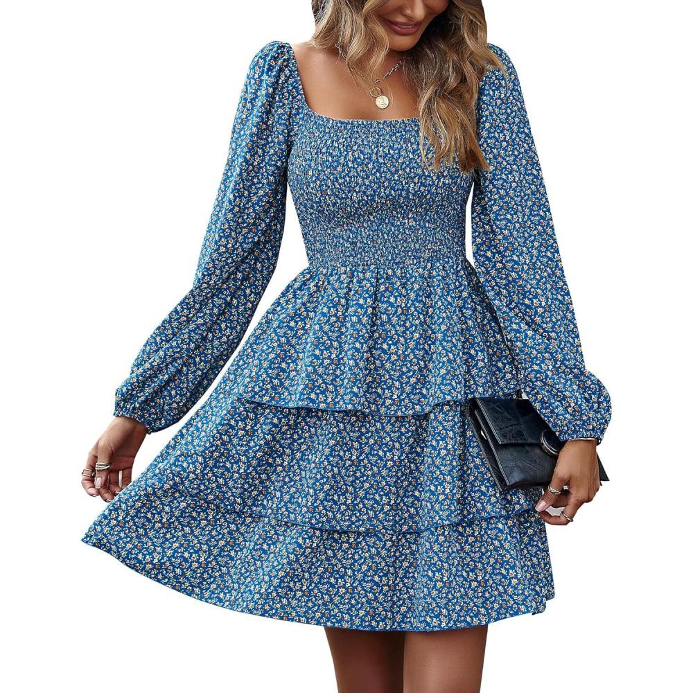 imageBTFBM Womens Long Sleeve Dress Vacation Square Neck Smocked Floral Swiss Dot Mini Boho Spring Wedding Guest Dresses 2026Floral Royal Blue