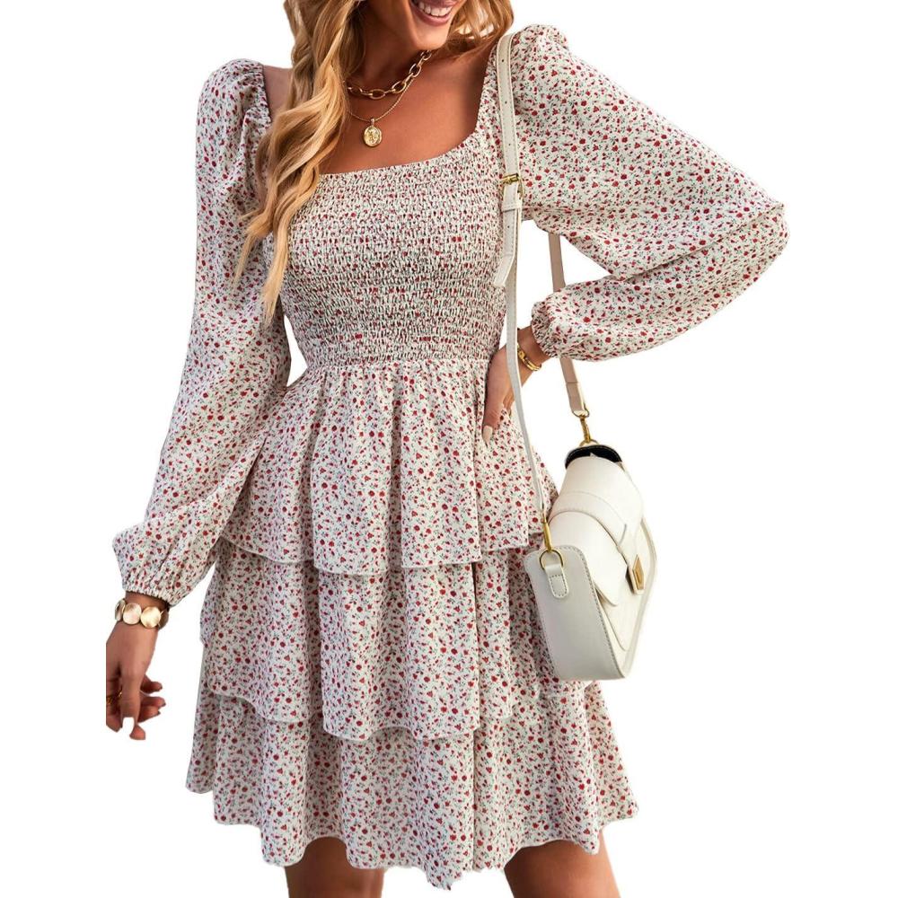imageBTFBM Womens Long Sleeve Dress Vacation Square Neck Smocked Floral Swiss Dot Mini Boho Spring Wedding Guest Dresses 2026Floral White Red