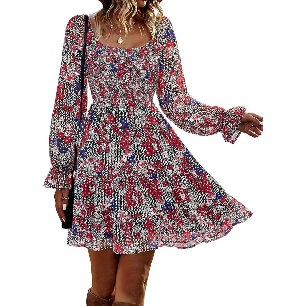 imageBTFBM Womens Long Sleeve Dress Vacation Square Neck Smocked Floral Swiss Dot Mini Boho Spring Wedding Guest Dresses 2026Print Flower Red
