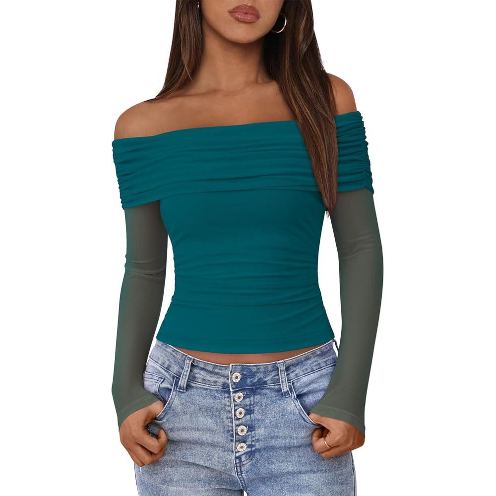 imageBTFBM Womens Long Sleeve Shirts 2025 Fall Crop Going Out Tops Mesh Ruched Casual Off Shoulder Blouses Y2K ClothesBlue Green