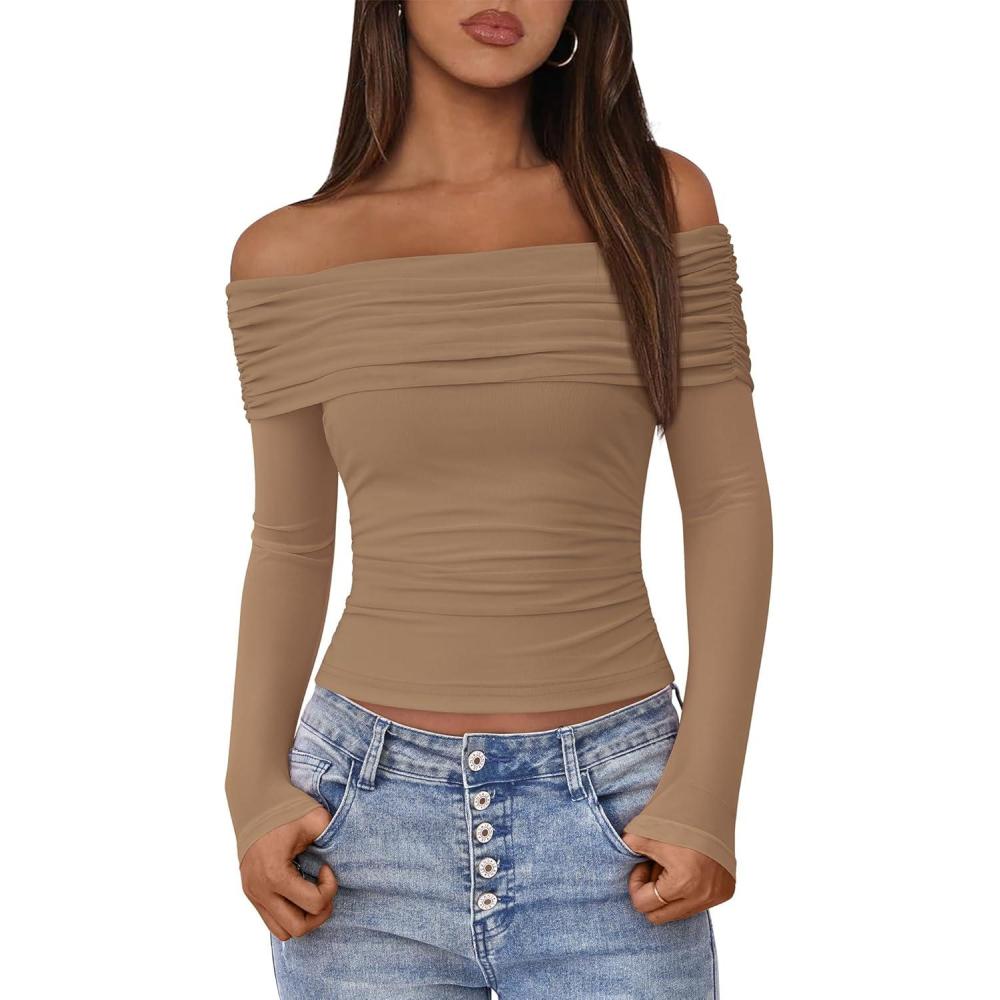 imageBTFBM Womens Long Sleeve Shirts 2025 Fall Crop Going Out Tops Mesh Ruched Casual Off Shoulder Blouses Y2K ClothesKhaki
