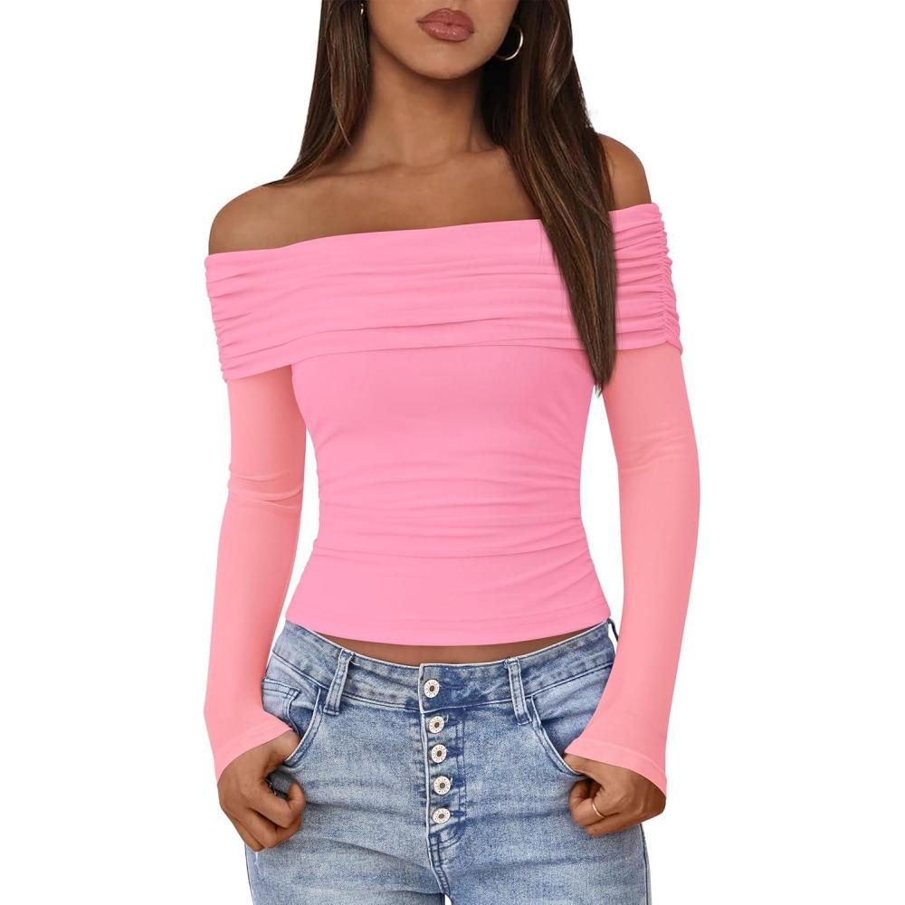 imageBTFBM Womens Long Sleeve Shirts 2025 Fall Crop Going Out Tops Mesh Ruched Casual Off Shoulder Blouses Y2K ClothesPink