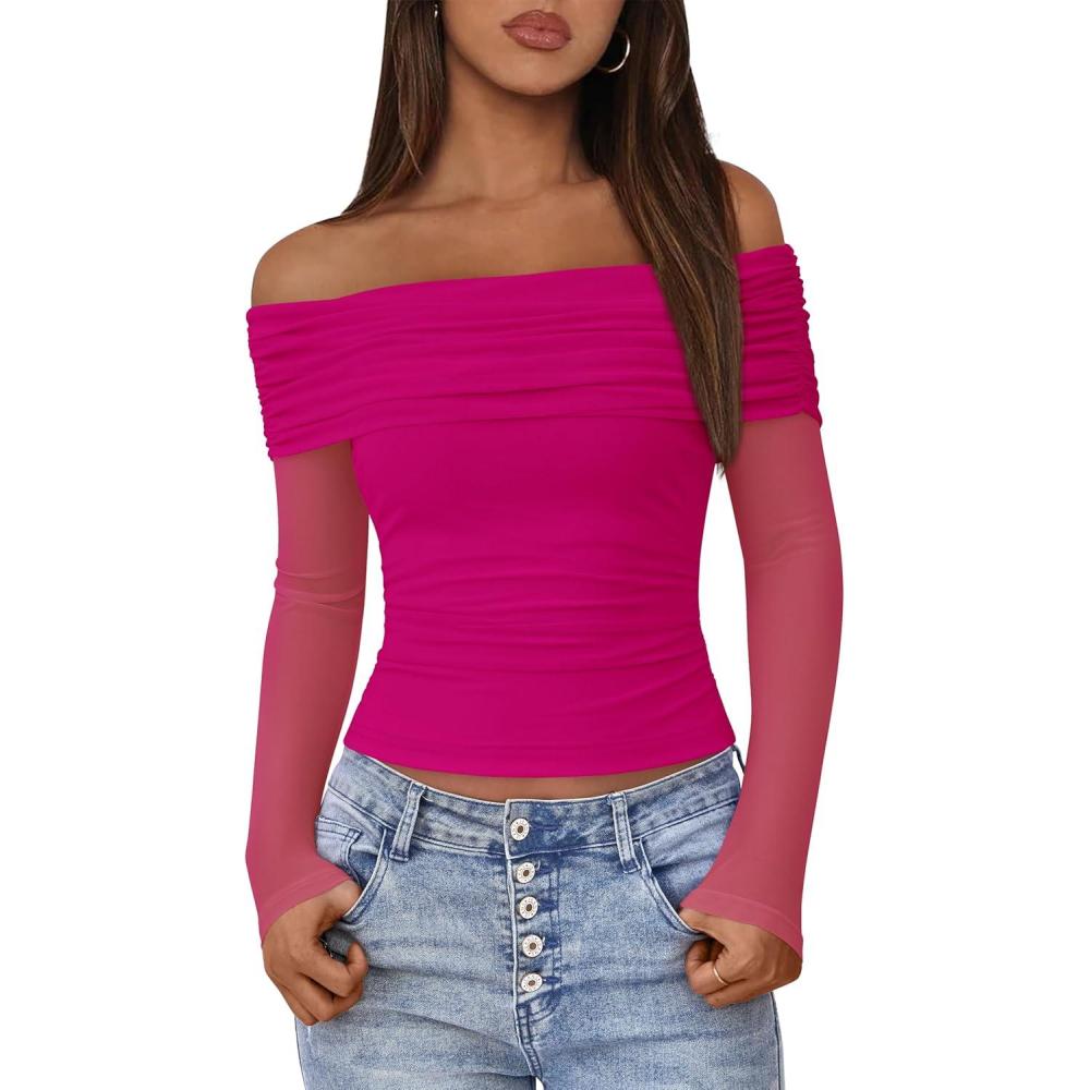 imageBTFBM Womens Long Sleeve Shirts 2025 Fall Crop Going Out Tops Mesh Ruched Casual Off Shoulder Blouses Y2K ClothesRose Red