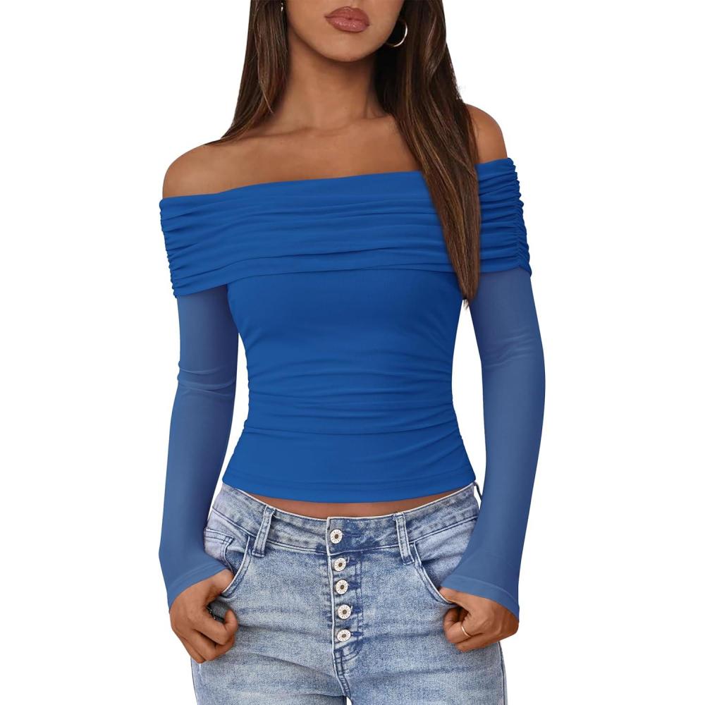 imageBTFBM Womens Long Sleeve Shirts 2025 Fall Crop Going Out Tops Mesh Ruched Casual Off Shoulder Blouses Y2K ClothesRoyal Blue