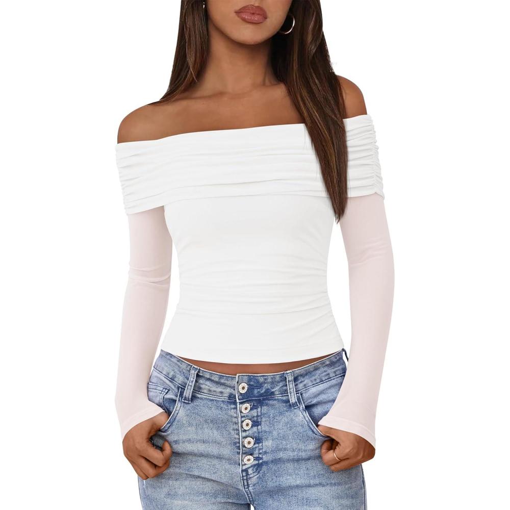 imageBTFBM Womens Long Sleeve Shirts 2025 Fall Crop Going Out Tops Mesh Ruched Casual Off Shoulder Blouses Y2K ClothesWhite