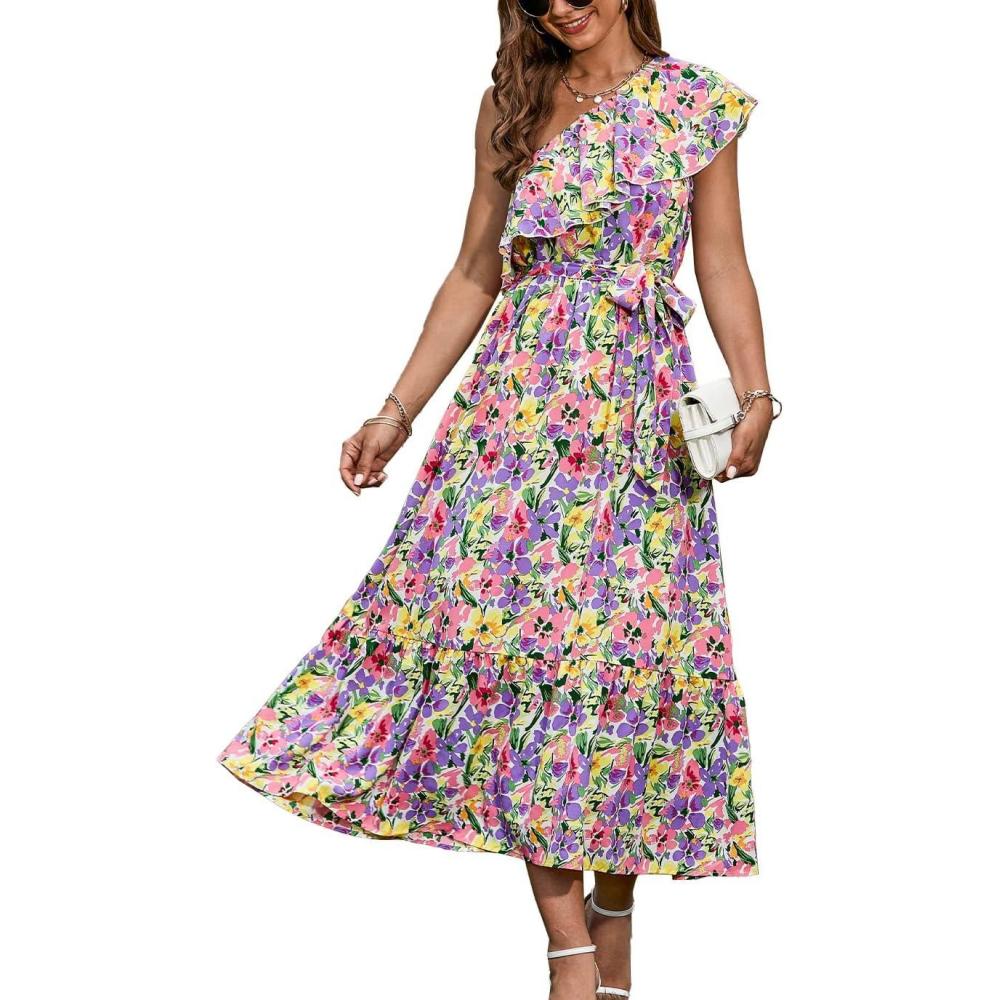 imageBTFBM Womens One Shoulder Maxi Dress Sleeveless Casual Summer Layered Ruffle Boho Floral Print Party Beach ALine DressesMulticolored Purple