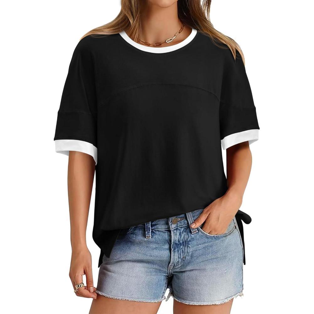imageBTFBM Womens Oversized T Shirts Dressy Casual Short Sleeve Summer Tops Crew Neck Color Block Blouse Loose Fit Basic TeeBlack
