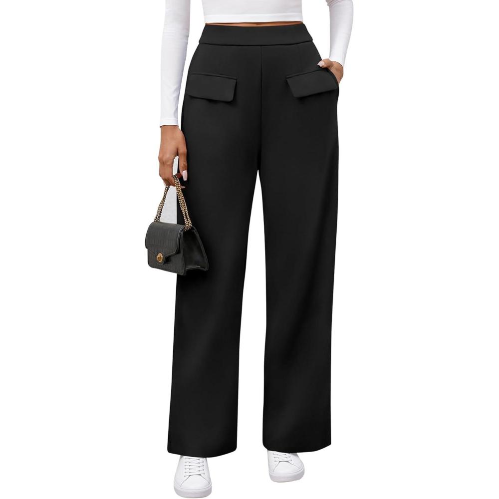 imageBTFBM Womens Pants 2025 Fall Elastic High Waisted Trousers Stretchy Comfy Lounge Palazzo Pant Wide Leg SweatpantsBlack