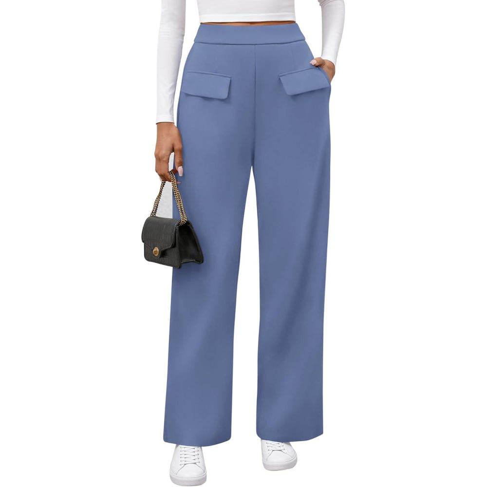imageBTFBM Womens Pants 2025 Fall Elastic High Waisted Trousers Stretchy Comfy Lounge Palazzo Pant Wide Leg SweatpantsBlue