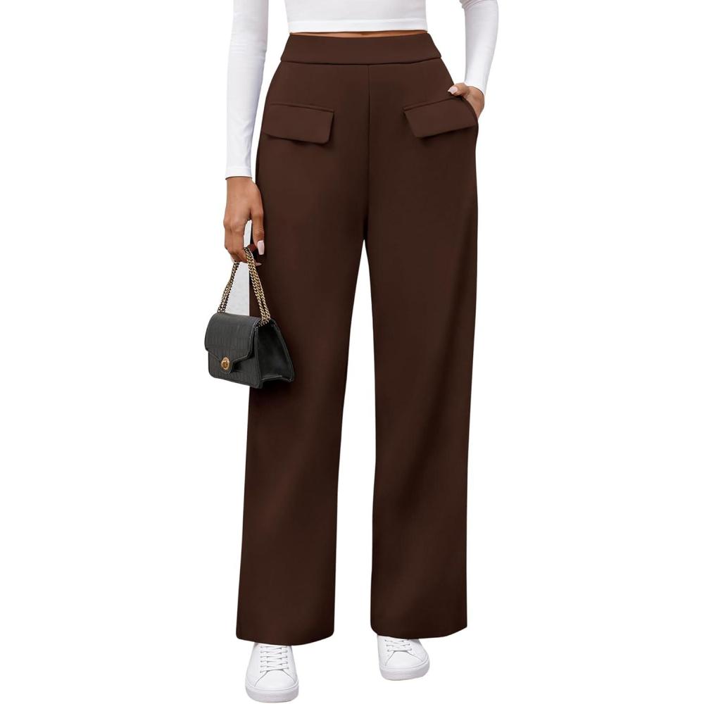 imageBTFBM Womens Pants 2025 Fall Elastic High Waisted Trousers Stretchy Comfy Lounge Palazzo Pant Wide Leg SweatpantsBrown