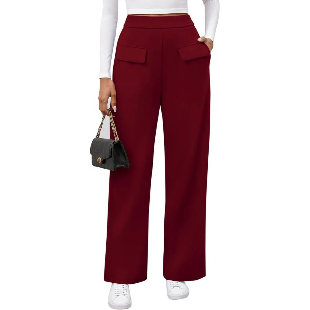imageBTFBM Womens Pants 2025 Fall Elastic High Waisted Trousers Stretchy Comfy Lounge Palazzo Pant Wide Leg SweatpantsBurgundy