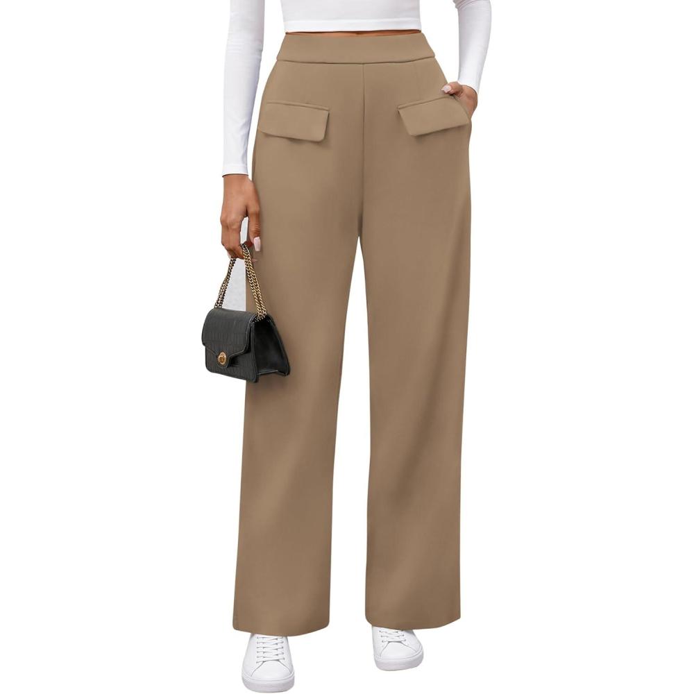imageBTFBM Womens Pants 2025 Fall Elastic High Waisted Trousers Stretchy Comfy Lounge Palazzo Pant Wide Leg SweatpantsKhaki