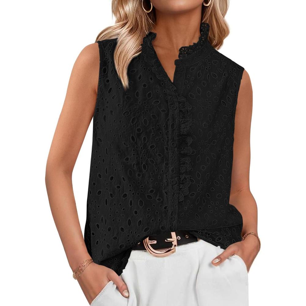 imageBTFBM Womens Sleeveless Button Down Shirts Ruffle V Neck Casual Hollow Out Eyelet Tops Boho Spring Vacation Blouse 2026Black