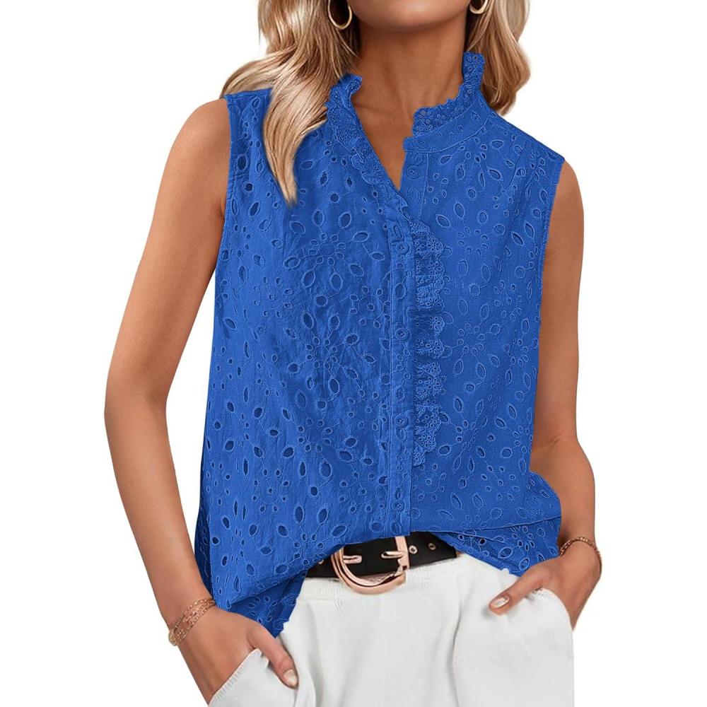 imageBTFBM Womens Sleeveless Button Down Shirts Ruffle V Neck Casual Hollow Out Eyelet Tops Boho Spring Vacation Blouse 2026Blue