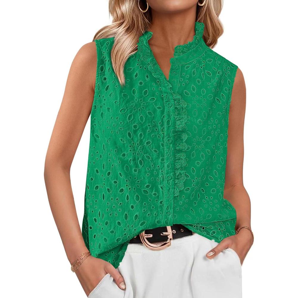 imageBTFBM Womens Sleeveless Button Down Shirts Ruffle V Neck Casual Hollow Out Eyelet Tops Boho Spring Vacation Blouse 2026Green