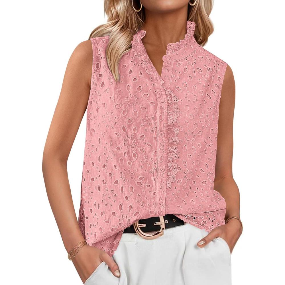 imageBTFBM Womens Sleeveless Button Down Shirts Ruffle V Neck Casual Hollow Out Eyelet Tops Boho Spring Vacation Blouse 2026Pink
