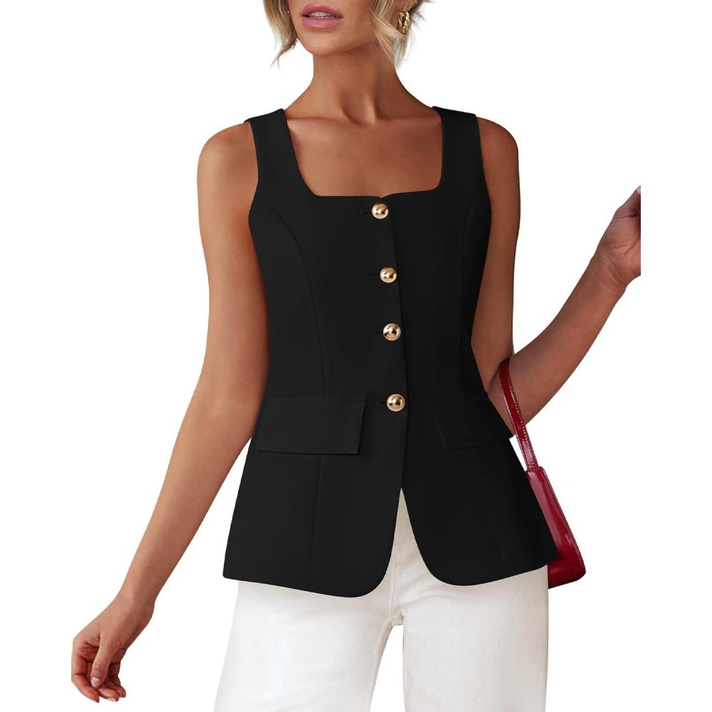 imageBTFBM Womens Sleeveless Suit Vests Dressy Casual Square Neck Business Work Waistcoat Spring Button Blazer Vest Tops 2026Black