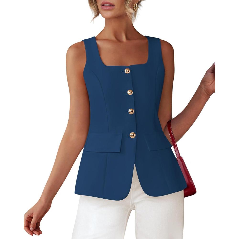 imageBTFBM Womens Sleeveless Suit Vests Dressy Casual Square Neck Business Work Waistcoat Spring Button Blazer Vest Tops 2026Dark Blue