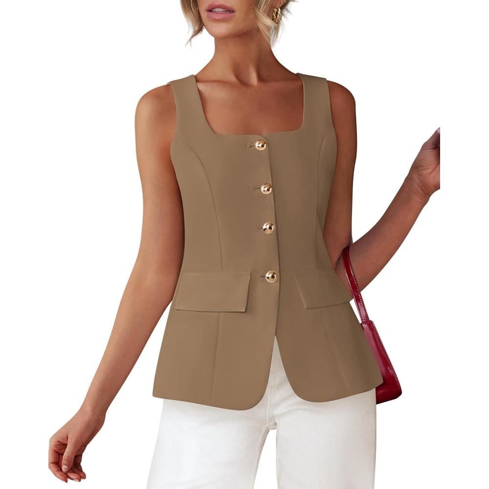 imageBTFBM Womens Sleeveless Suit Vests Dressy Casual Square Neck Business Work Waistcoat Spring Button Blazer Vest Tops 2026Khaki
