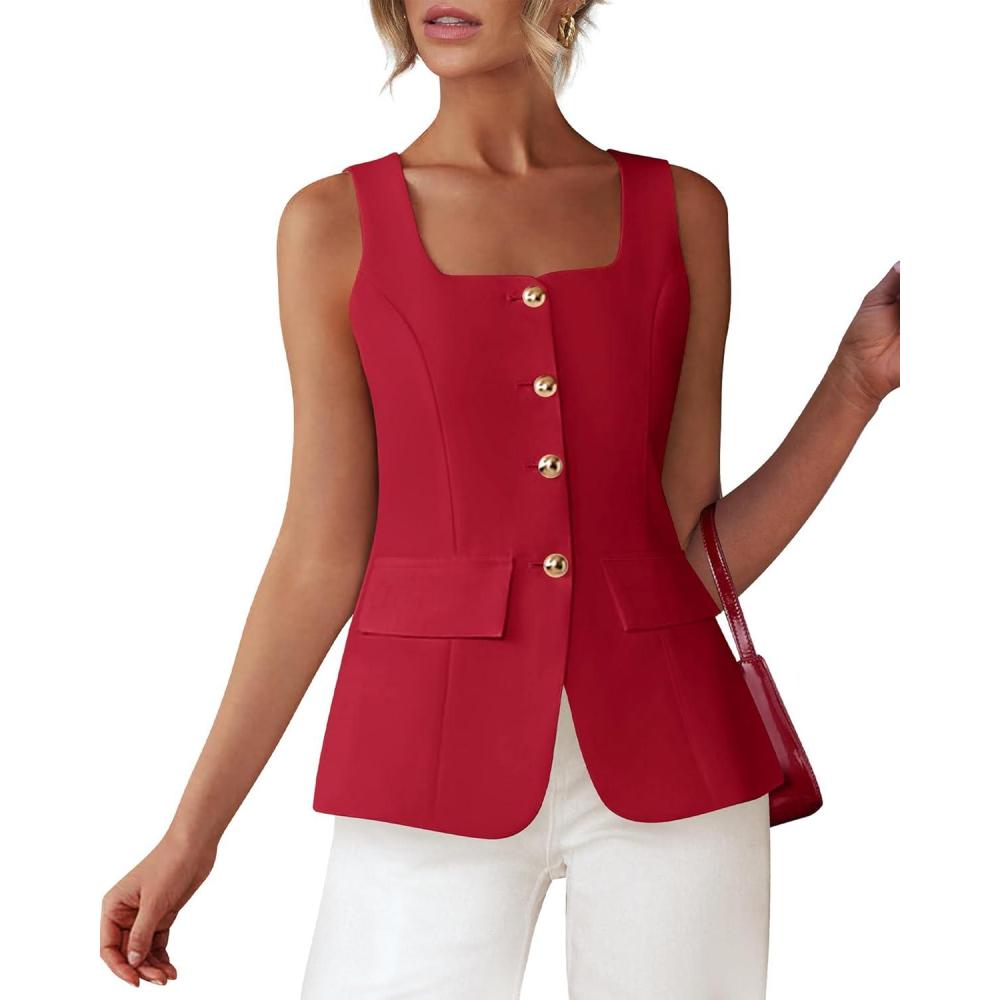 imageBTFBM Womens Sleeveless Suit Vests Dressy Casual Square Neck Business Work Waistcoat Spring Button Blazer Vest Tops 2026Red