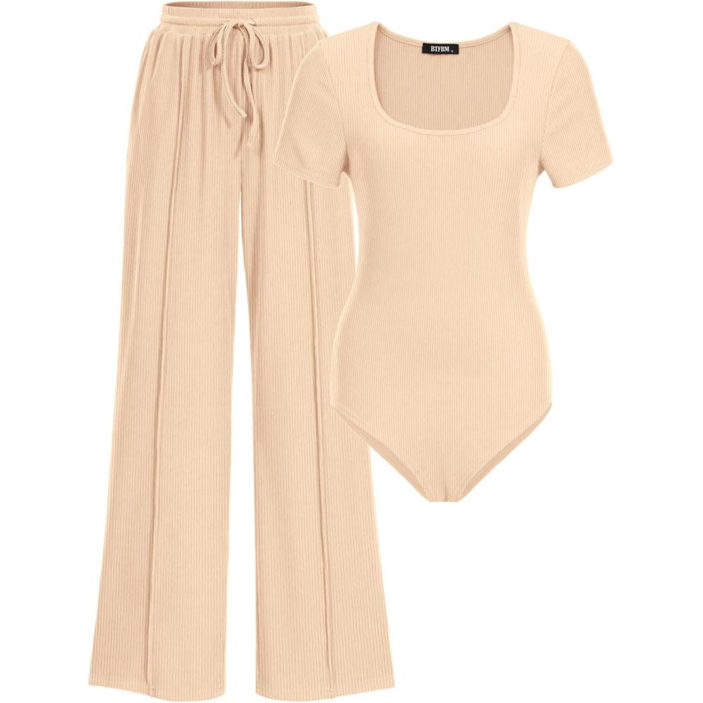 imageBTFBM Womens Spring 2 Piece Outfits 2026 Square Neck Short Sleeve Bodysuit Drawstring Pants Knit Lounge Matching SetsBeige