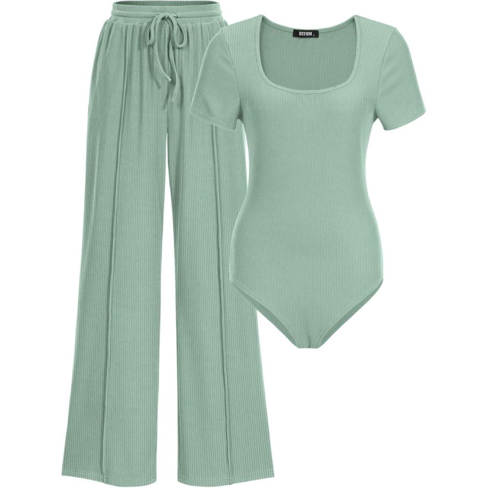 imageBTFBM Womens Spring 2 Piece Outfits 2026 Square Neck Short Sleeve Bodysuit Drawstring Pants Knit Lounge Matching SetsFruit Green