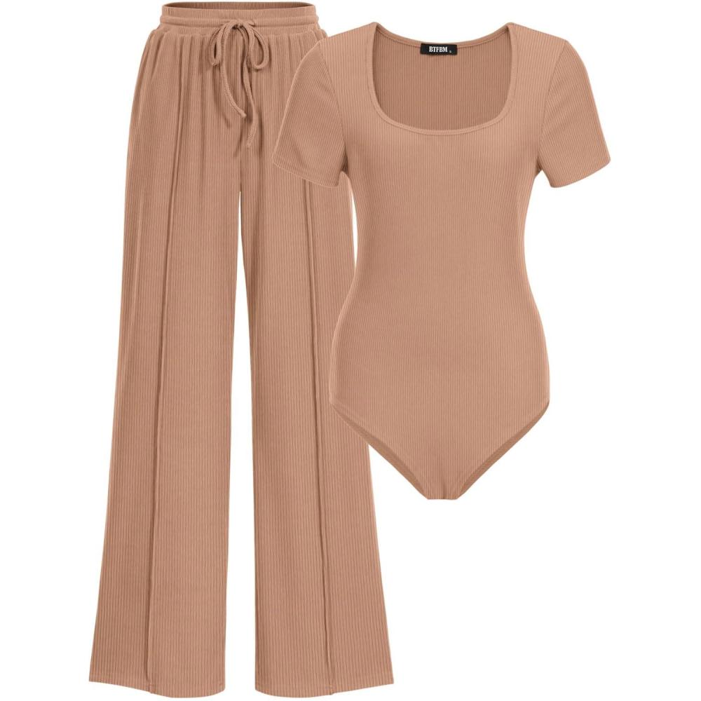 imageBTFBM Womens Spring 2 Piece Outfits 2026 Square Neck Short Sleeve Bodysuit Drawstring Pants Knit Lounge Matching SetsKhaki