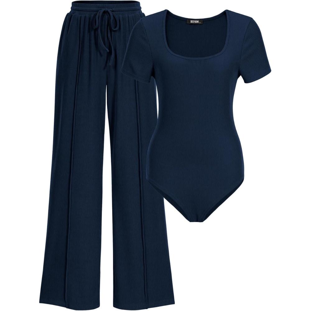 imageBTFBM Womens Spring 2 Piece Outfits 2026 Square Neck Short Sleeve Bodysuit Drawstring Pants Knit Lounge Matching SetsNavy