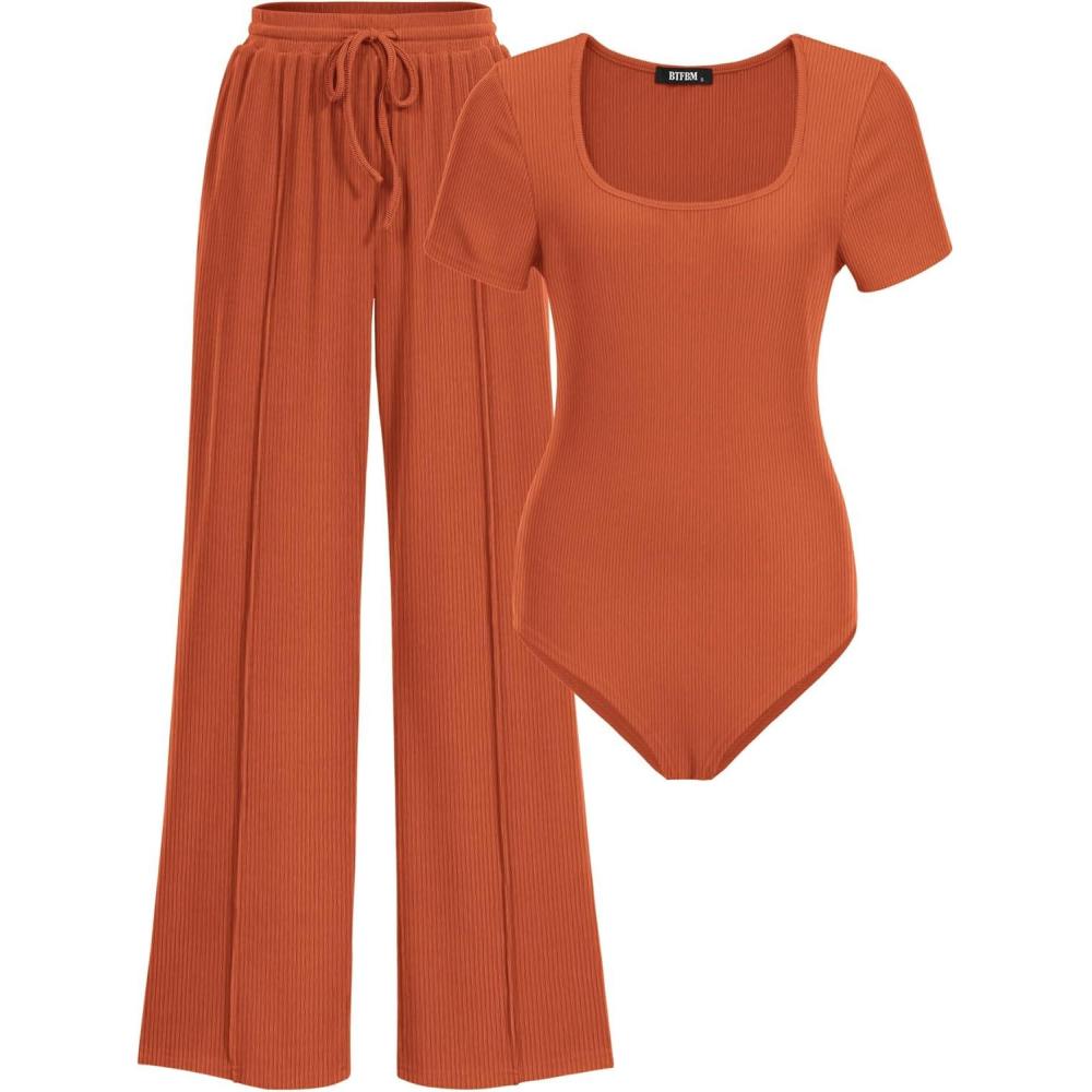 imageBTFBM Womens Spring 2 Piece Outfits 2026 Square Neck Short Sleeve Bodysuit Drawstring Pants Knit Lounge Matching SetsOrange